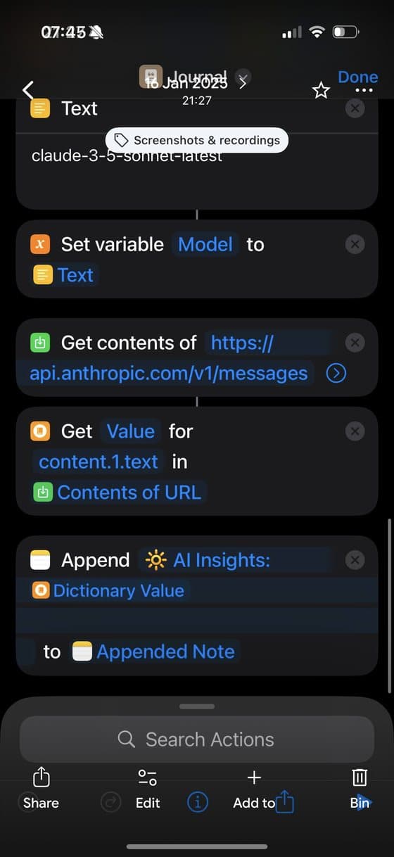An Apple Shortcut posting a journal entry to Anthropic's API and appending the answer to the note