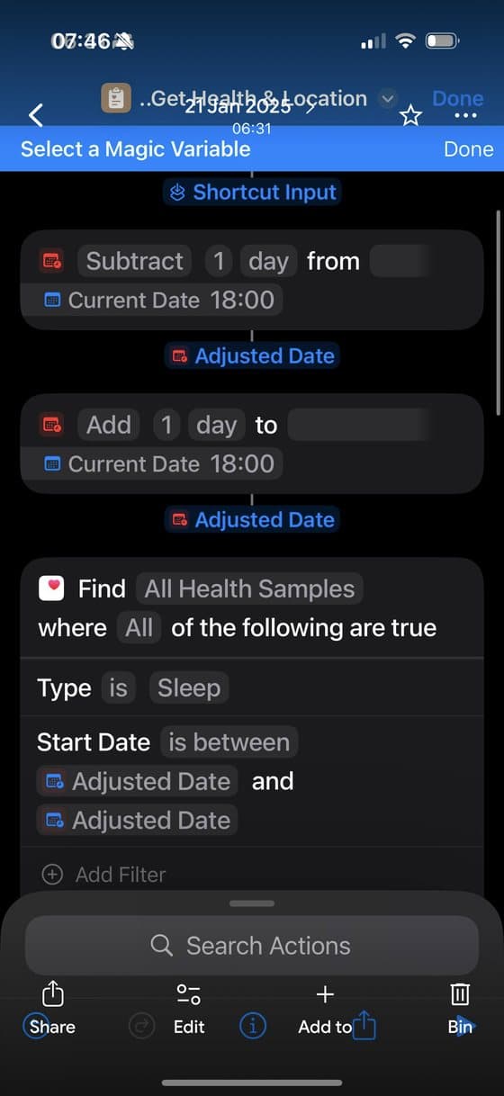 An Apple Shortcut querying HealthKit for sleep samples between two adjusted dates