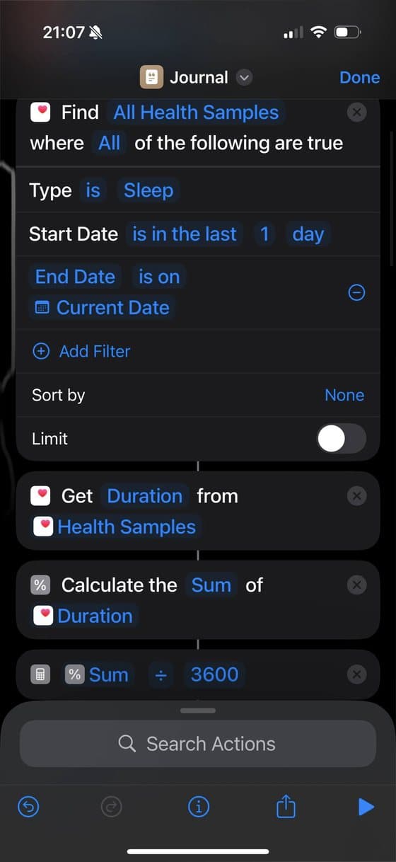 An Apple Shortcut summing sleep sample durations and dividing by 3600 to get hours