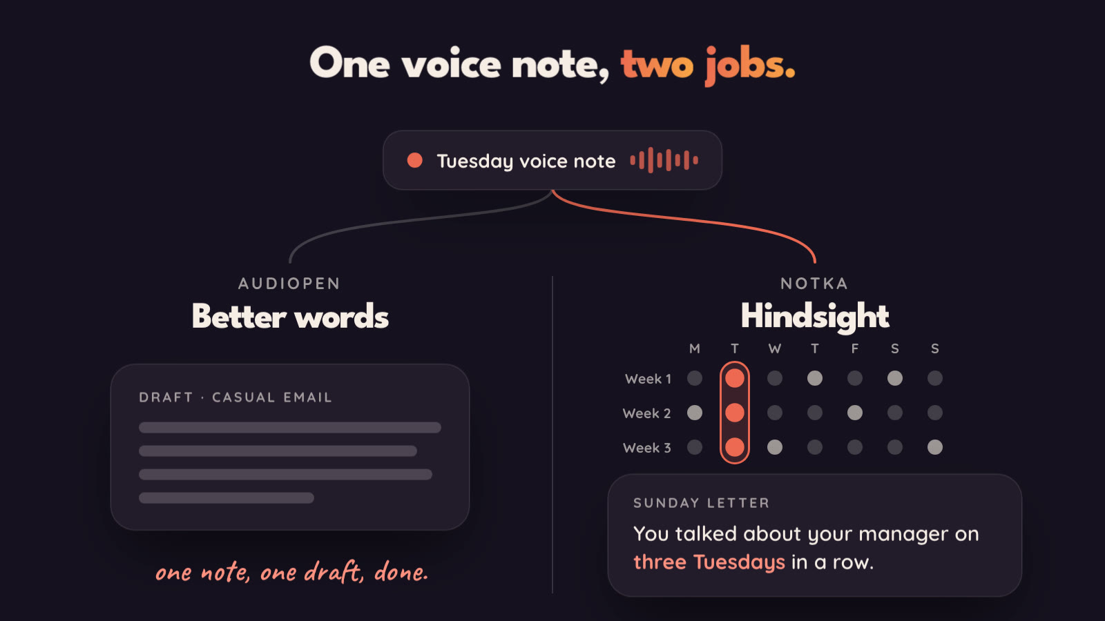 One Tuesday voice note splits two ways. On the AudioPen side it becomes a clean draft in a Casual Email style, one note, one draft, done. On the Notka side it is kept, the Tuesdays light up across three weeks, and a Sunday letter says you talked about your manager on three Tuesdays in a row.